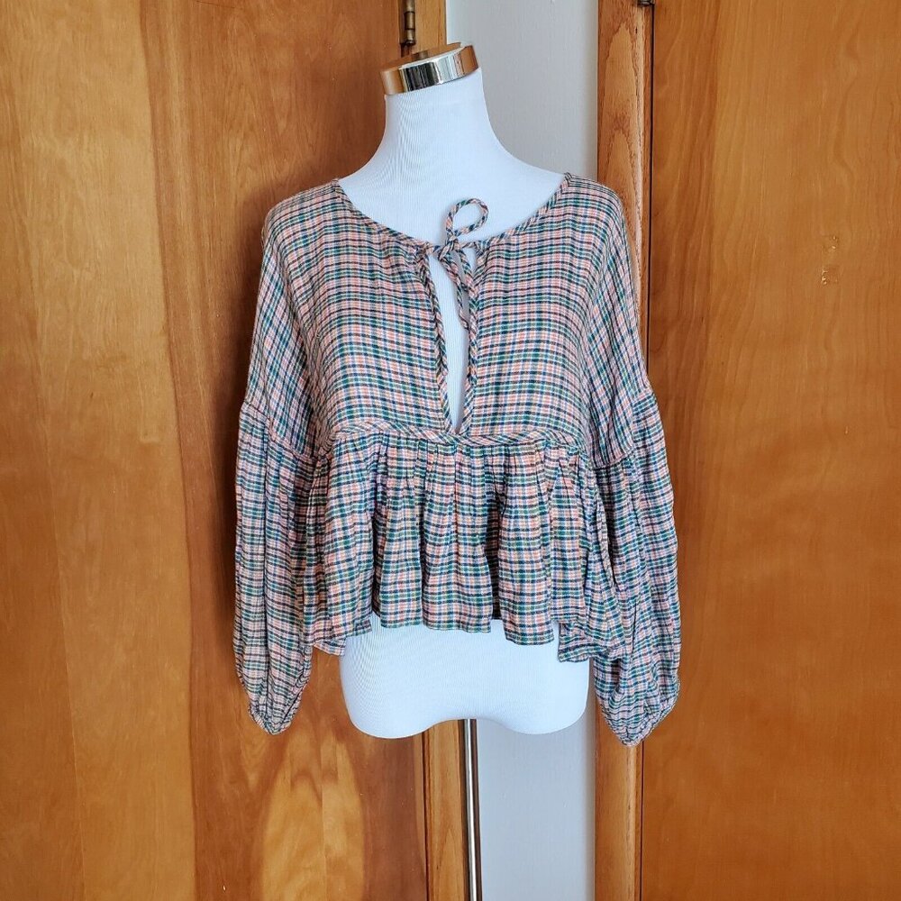 O'NEILL Women's Top Green Plaid M Boxy Oversized Peplum Long Sleeve Babydoll